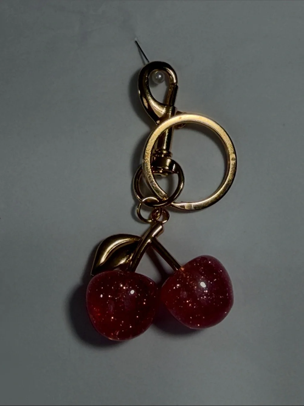 Gold Cherry Pendant Keychain - Pink Glitter Cherries